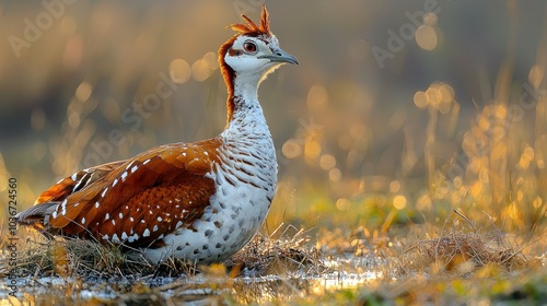 A red-necked crake bird with white spots on its feathers sits in a field of tall grass. photo