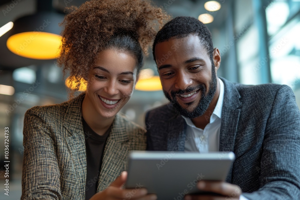 Two young businesspeople taking a video call on a digital tablet, Generative AI