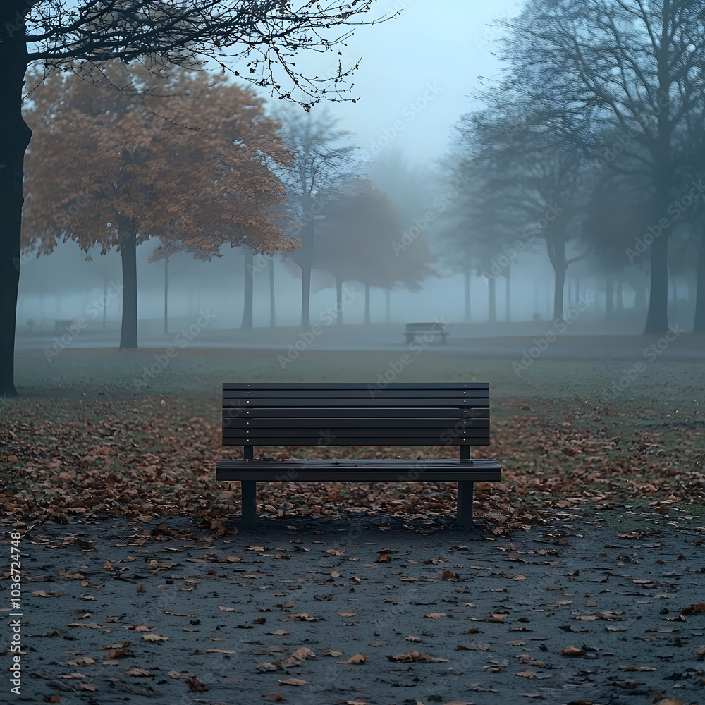 A solitary wooden bench in a foggy park, surrounded by trees with autumn leaves, evoking a serene and contemplative mood.
