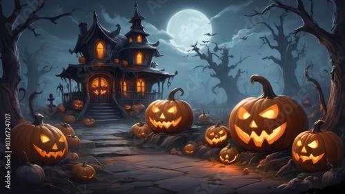 A spooky haunted house with glowing jack-o-lanterns in a dark forest under a full moon.