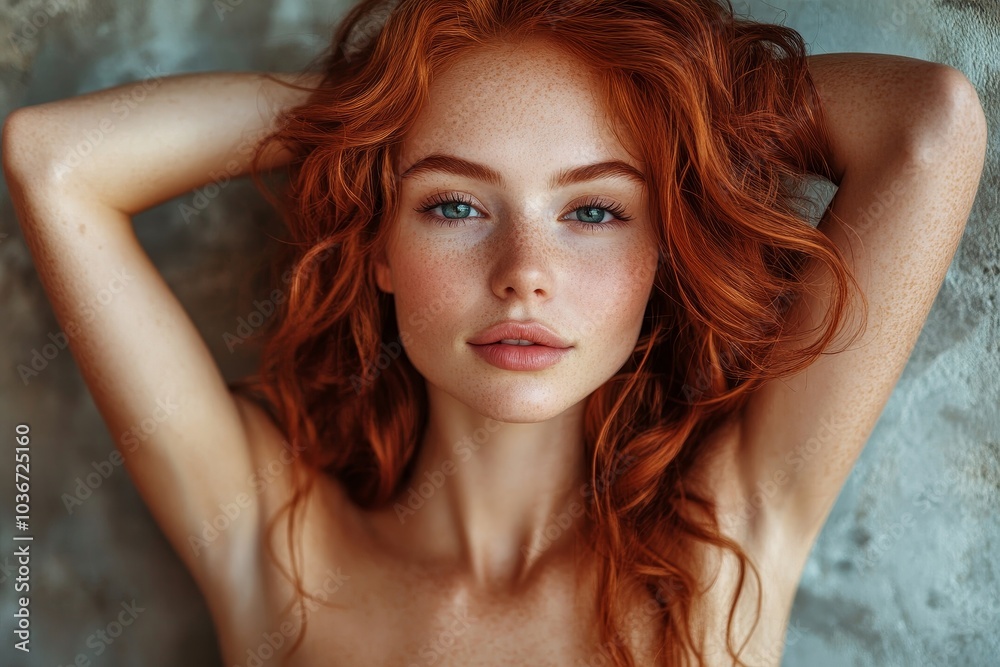 Naklejka premium Young, confident woman with ginger hair and a flawless skin tone stands in a studio setting, embracing her body image and natural beauty, Generative AI