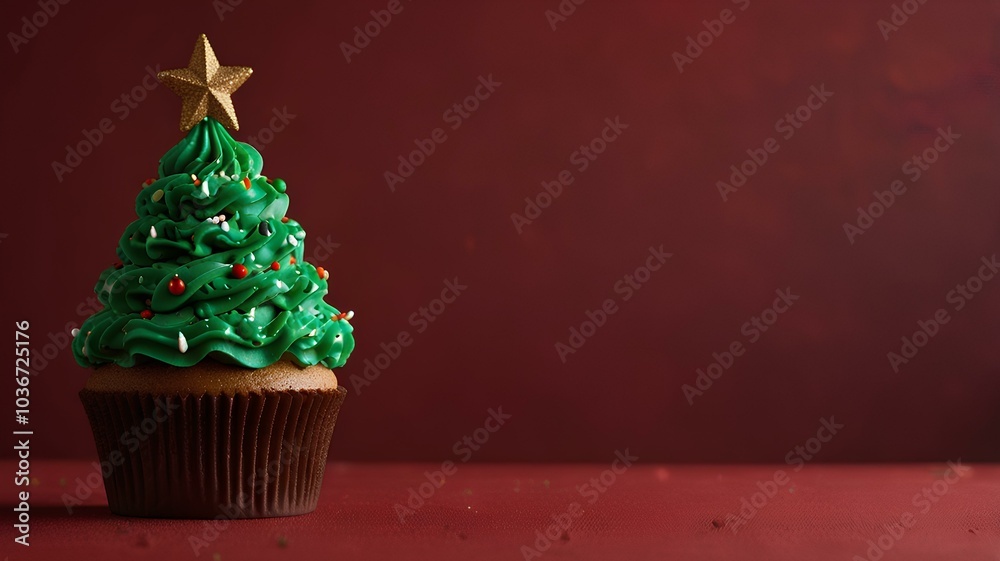 Christmas tree cupcake on red background with copy space. Christmas tree cupcake on red background with copy space.