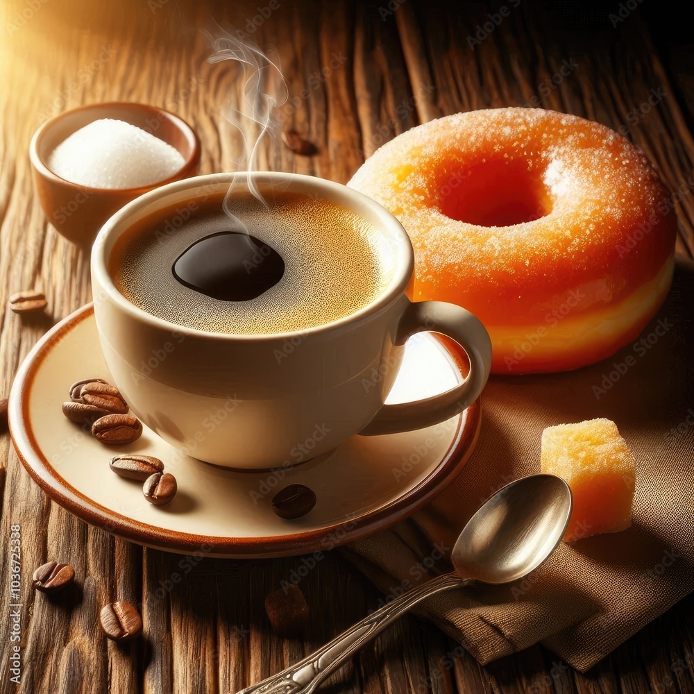 a cozy coffee shop scene featuring a freshly brewed cup of coffee beside a perfectly dusted doughnut on a wooden table. ai a cozy coffee shop scene featuring a freshly brewed cup of coffee beside a perfectly dusted doughnut on a wooden table. ai