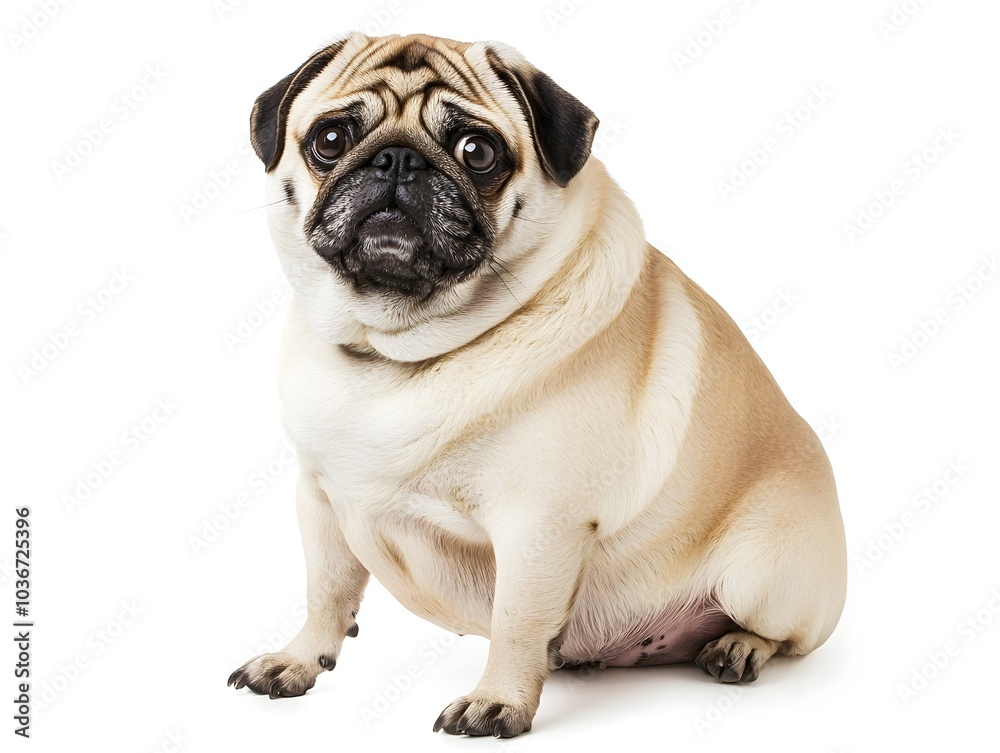 Chubby Pug Sitting with Tilted Head and Pleading Big Eyes on White Background Chubby Pug Sitting with Tilted Head and Pleading Big Eyes on White Background