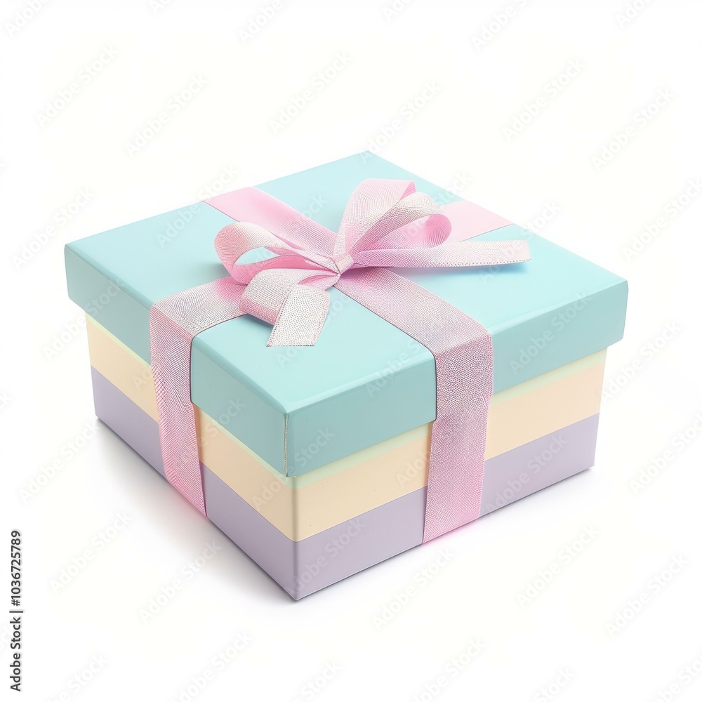 Closed gift box wrapped with a pink ribbon, on a white background Closed gift box wrapped with a pink ribbon, on a white background