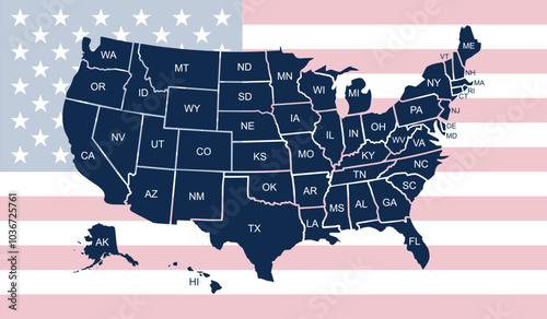 US map. Colored American infographics template, with separated states, short state names and US flag on the backdrop. Vector illustration. 