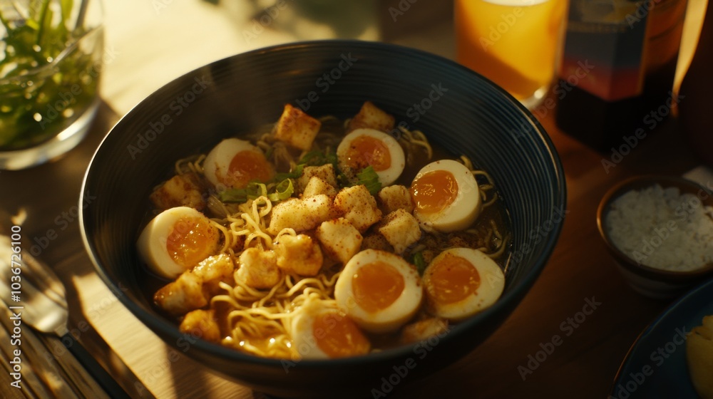 Delicious Noodle Dishes with Spicy Broth in Casual Setting Delicious Noodle Dishes with Spicy Broth in Casual Setting