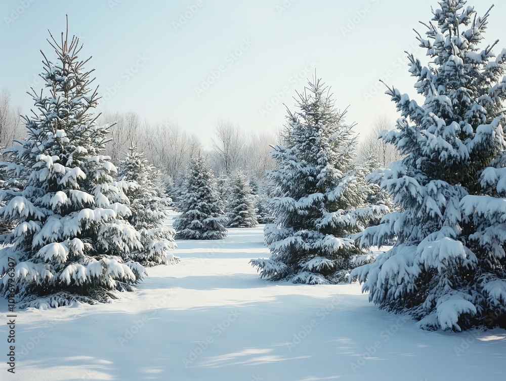 Winter Wonderland with Snow-Covered Evergreen Trees in a Forest Setting, Ideal for Christmas and Holiday Themes, Cool Blue and White Palette Winter Wonderland with Snow-Covered Evergreen Trees in a Forest Setting, Ideal for Christmas and Holiday Themes, Cool Blue and White Palette