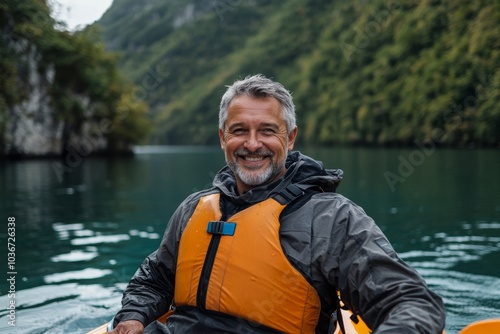 Mature man with enjoying kayaking in a lake, Generative AI photo