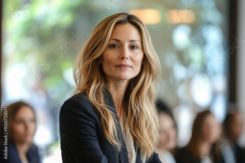 Successful woman speaking at a business summit, Generative AI