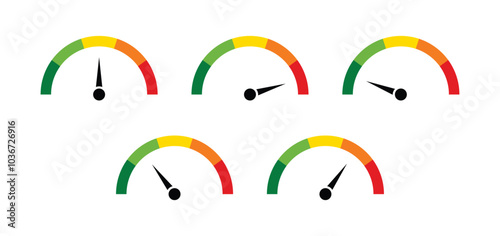 Speedometer icons with arrow. Dashboard with green, yellow and red indicators. tachometer. Low, medium, high and risk levels.