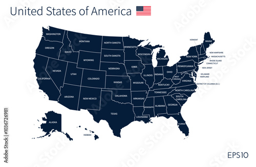 US map. American infographics template, with separated states and state names. Vector illustration.
