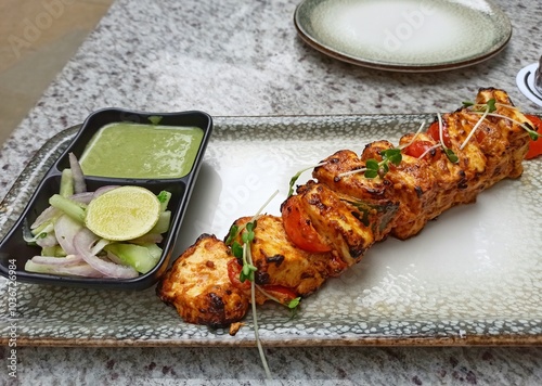 A closeup picture of a tasty Panner Tikka served in a plate at a restaurant