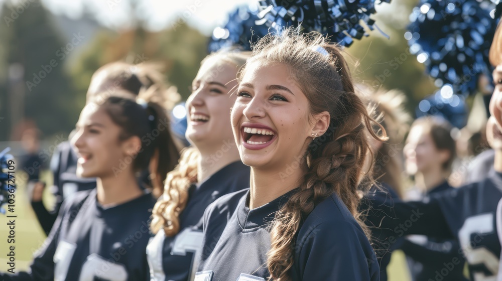 Cheerleaders celebrating on a grass field, showcasing happiness, motivation, and teamwork in an outdoor setting with a group cheering and showing support Cheerleaders celebrating on a grass field, showcasing happiness, motivation, and teamwork in an outdoor setting with a group cheering and showing support
