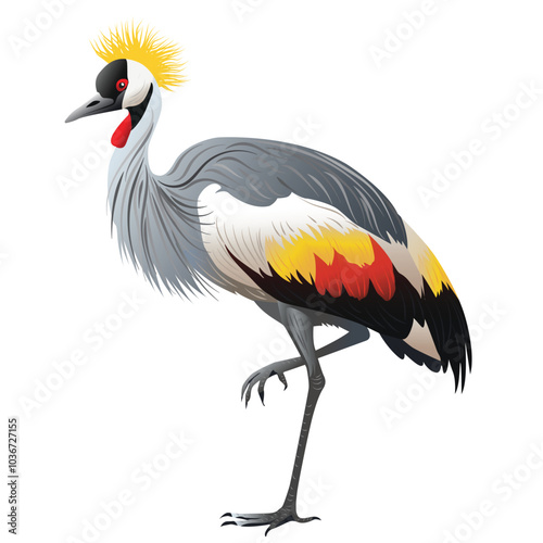 A vibrant and detailed vector of Uganda's iconic crested crane, showcasing its colorful plumage. Perfect for cultural projects, wildlife illustrations, or national-themed designs. Fully editable for v