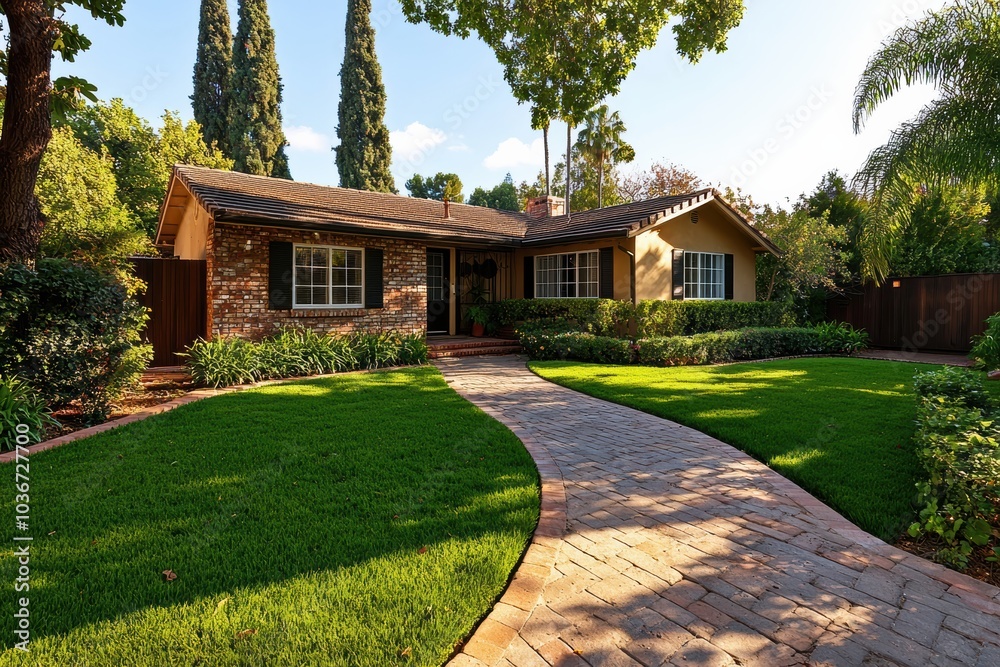 Charming Suburban Home Surrounded by Lush Greenery and Elegant Landscaping Charming Suburban Home Surrounded by Lush Greenery and Elegant Landscaping