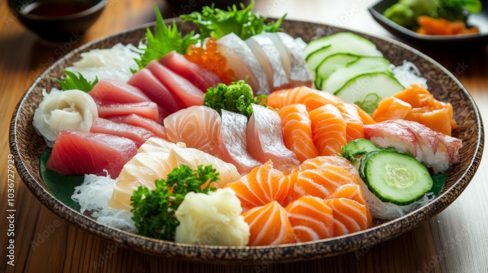 Elegant Sashimi Selection on Dining Table Elegant Sashimi Selection on Dining Table