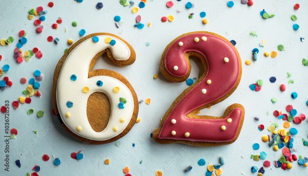 Decorated cookie, number 62, image for birthday or anniversary celebration Decorated cookie, number 62, image for birthday or anniversary celebration