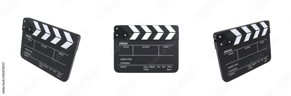 Fototapeta premium Black Film Clapper, Filmmaker's Clapboard, Hollywood Film Clapperboard 3D Illustration Isolated