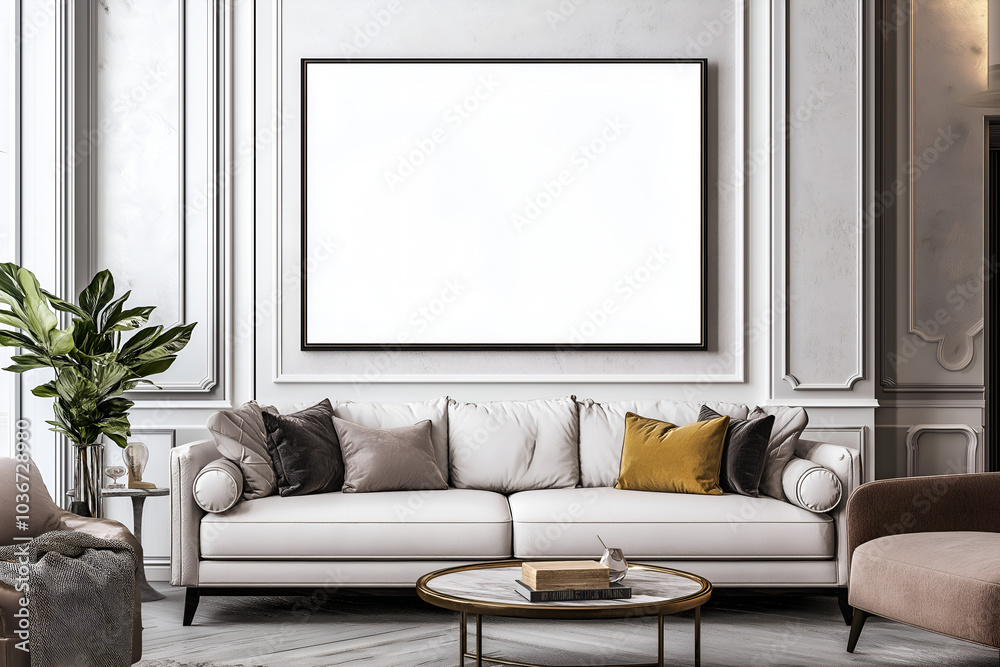 A blank framed artwork or poster, blank for design mockups, hanging on the wall of a living room, with a stylish interior, Grey white wall background, Empty picture frame mockup, Rendering template A blank framed artwork or poster, blank for design mockups, hanging on the wall of a living room, with a stylish interior, Grey white wall background, Empty picture frame mockup, Rendering template