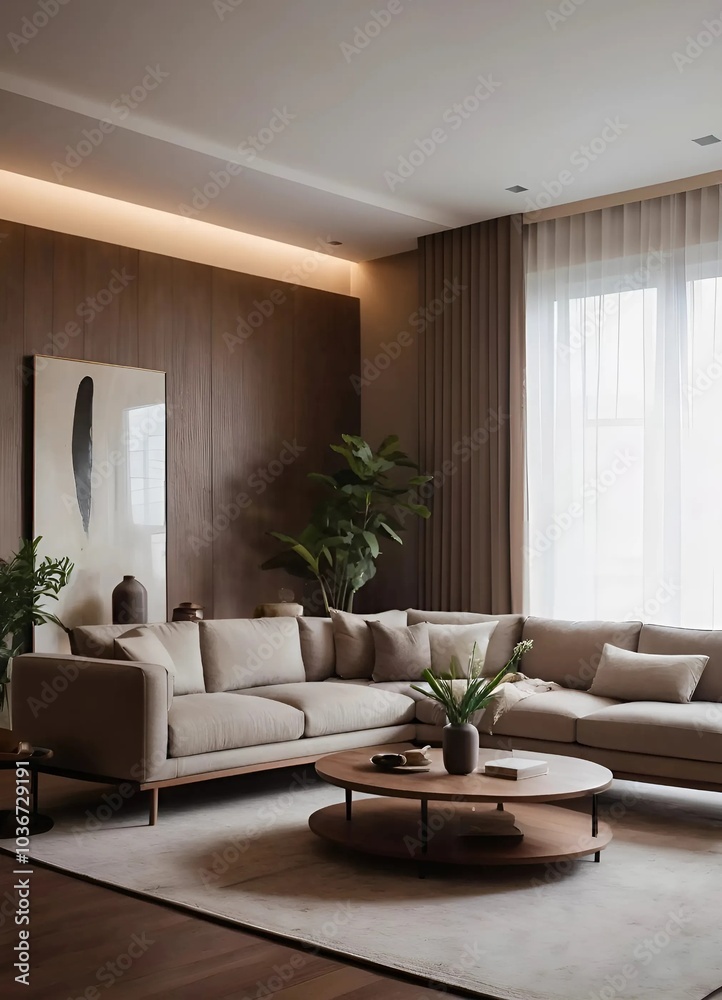 Fototapeta premium Minimalist, japandi interior design of modern living room. 