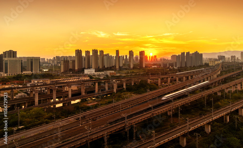 High-speed train crosses railway transportation hub