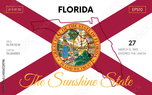 Vector poster background of the US state of Florida, with name, map borders, state flag design, nickname, order number and date of admission to the Union, capital, area. Illustration 9 of 50. 