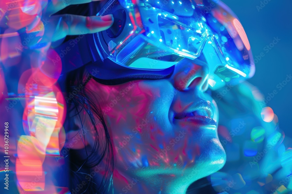 Virtual reality gaming with a woman wearing a headset against a blue backdrop, showcasing creativity, joy, and advanced technology in a digital experience Virtual reality gaming with a woman wearing a headset against a blue backdrop, showcasing creativity, joy, and advanced technology in a digital experience