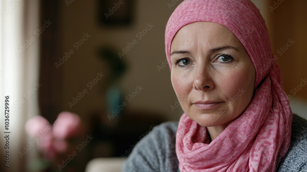 A older woman with cancer, wearing a pink scarf, looks directly into the camera Breast Cancer support A older woman with cancer, wearing a pink scarf, looks directly into the camera Breast Cancer support