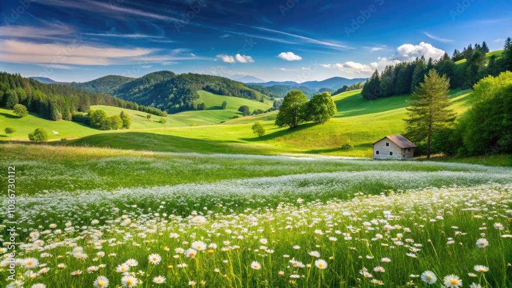 Obraz premium Spring Meadow Bliss: Architectural Photography of a Serene Landscape with White Wildflowers, Lush Greenery, and Gentle Hills, Perfect for Nature Lovers and Outdoor Enthusiasts