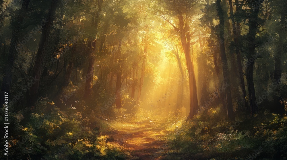 Obraz premium Sunrays Through Forest Path