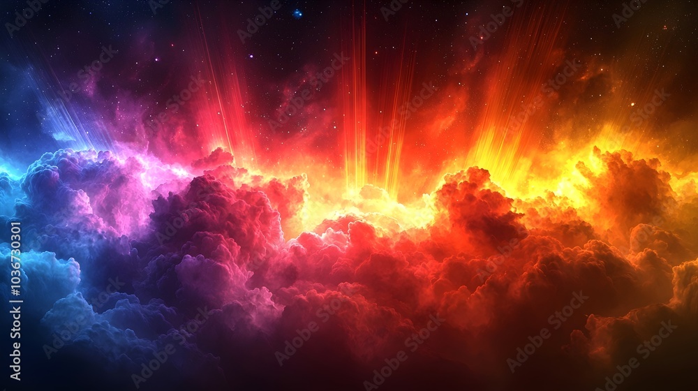 Obraz premium A stunning cosmic landscape showcasing vibrant clouds in hues of purple, pink, and orange, illuminated by radiant light emanating from the horizon.