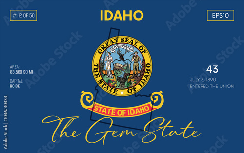 Vector poster background of the US state of Idaho, with name, map borders, state flag design, nickname, order number and date of admission to the Union, capital, area. Illustration 12 of 50. 
