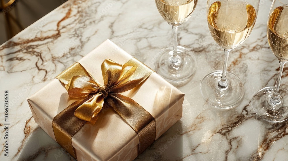 A beautifully wrapped gift with a gold ribbon bow rests on a marble surface beside champagne glasses A beautifully wrapped gift with a gold ribbon bow rests on a marble surface beside champagne glasses