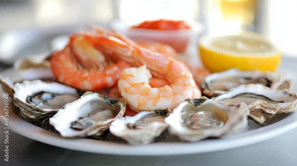 Fresh Shrimp and Oysters on Chilled Plate Fresh Shrimp and Oysters on Chilled Plate