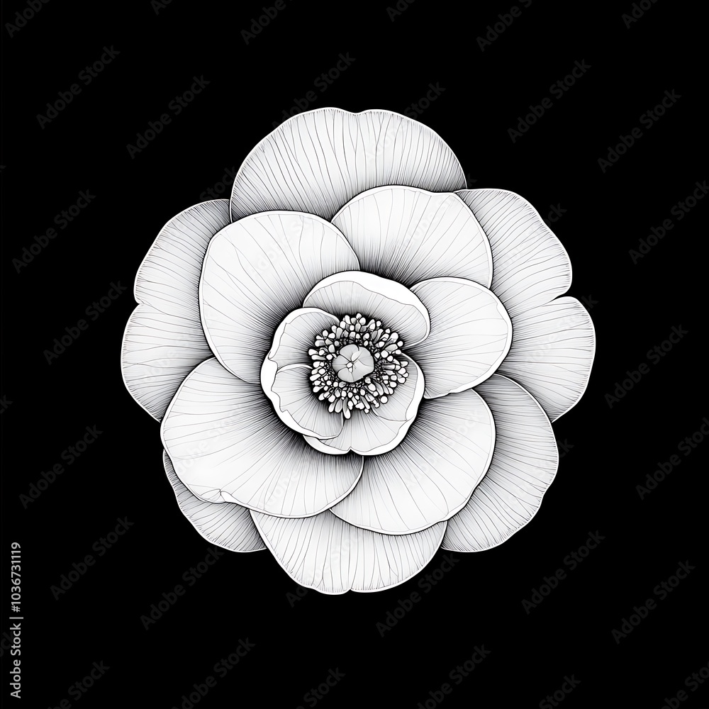 A white flower with intricate details on a black background.