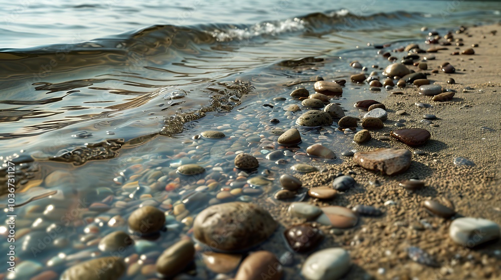 A collection of pebbles and small rocks scattered along the sandy shore of a secluded lake, with gentle waves lapping against them. A collection of pebbles and small rocks scattered along the sandy shore of a secluded lake, with gentle waves lapping against them.