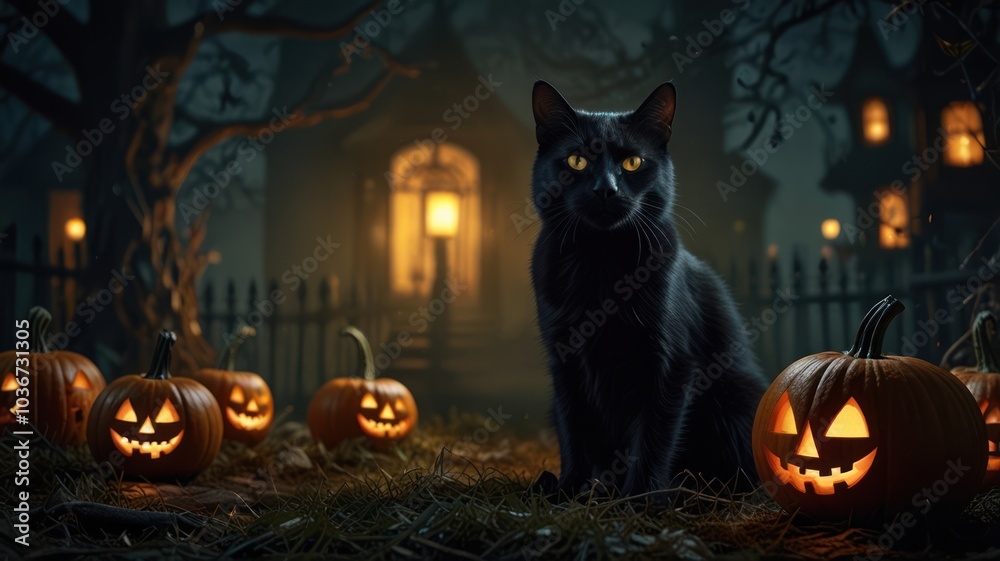 A black cat sits in front of a spooky house with jack-o-lanterns. A black cat sits in front of a spooky house with jack-o-lanterns.