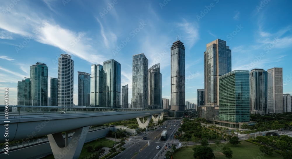 Modern Skyscrapers and a Pedestrian Bridge in a City Modern Skyscrapers and a Pedestrian Bridge in a City