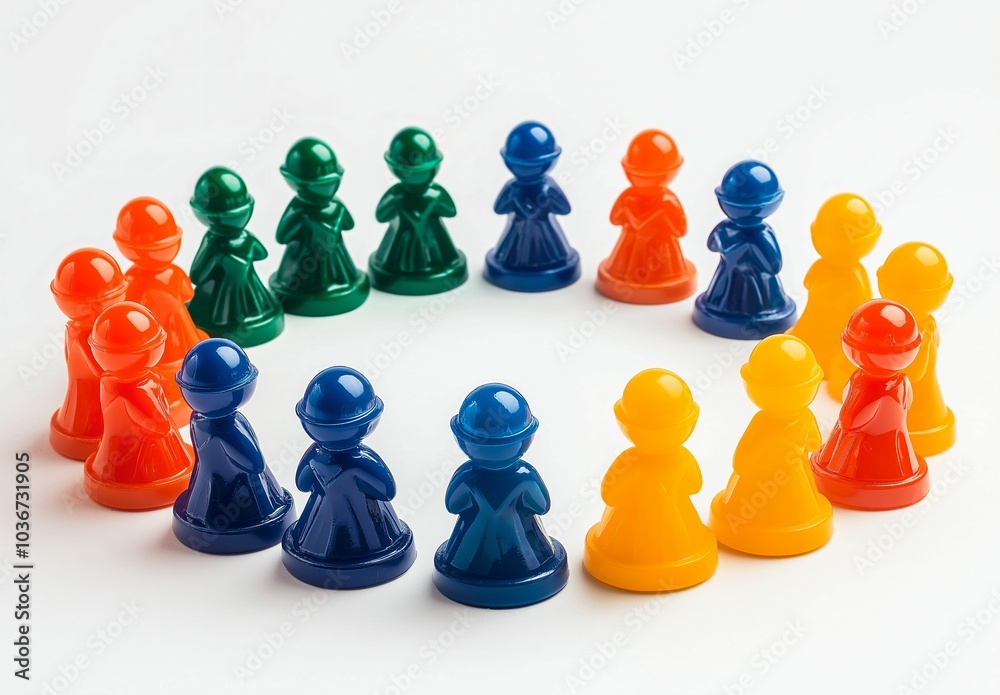 Colorful toy people pawns arranged in circle on white background, symbolizing group of friends or community concept Colorful toy people pawns arranged in circle on white background, symbolizing group of friends or community concept