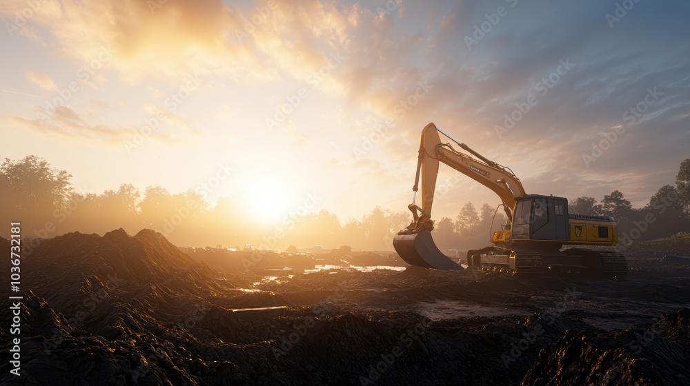 Excavator at Sunrise A Serene Moment in Construction and Nature's Beauty