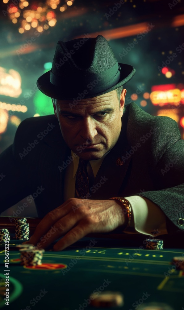 Man in hat playing poker in casino. Man in hat playing poker in casino.