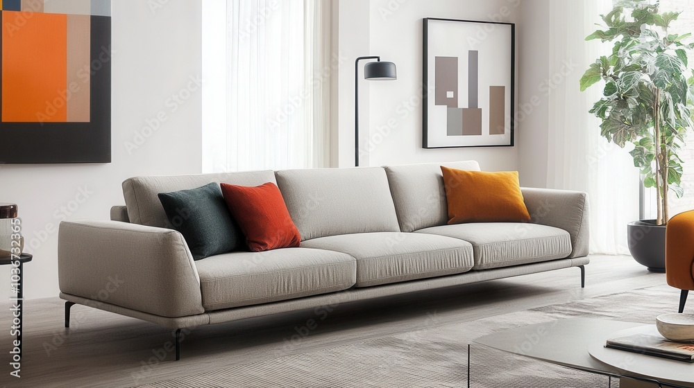 A modern minimalist sofa with clean lines, positioned in a bright, airy living room A modern minimalist sofa with clean lines, positioned in a bright, airy living room