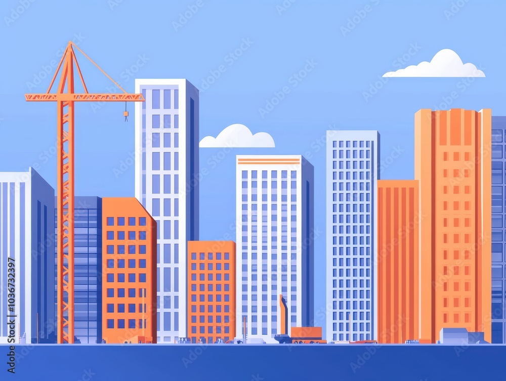 Modern Cityscape with Crane and Skyscrapers in a Vibrant Urban Setting Modern Cityscape with Crane and Skyscrapers in a Vibrant Urban Setting