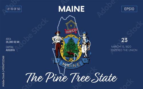 Vector poster background of the US state of Maine, with name, map borders, state flag design, nickname, order number and date of admission to the Union, capital, area. Illustration 19 of 50. 