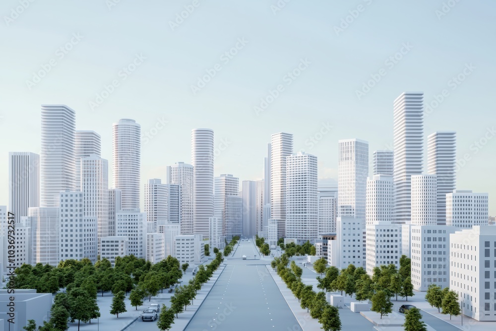 Obraz premium Modern Urban Skyline with Sleek Architecture and Lush Green Streetscapes