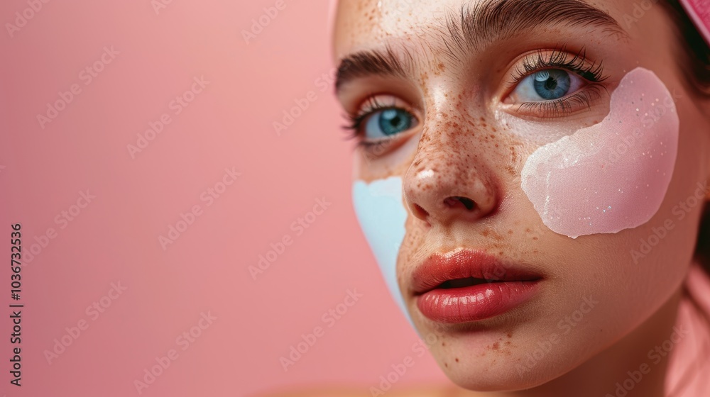 Woman with face mask and eye patch for skincare, showcasing natural beauty and glow. Image of a young model with cosmetic products for collagen and detox on a pink backdrop Woman with face mask and eye patch for skincare, showcasing natural beauty and glow. Image of a young model with cosmetic products for collagen and detox on a pink backdrop
