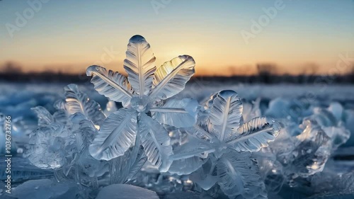 Ice flowers on theriver on a frosty day, AI Video nature photo