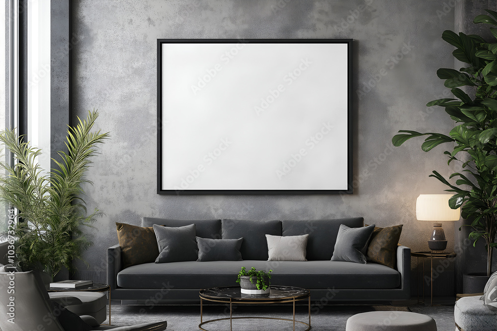 A blank framed artwork or poster, blank for design mockups, hanging on the wall of a living room, with a stylish interior, Grey wall background, Empty picture frame mockup, Rendering template A blank framed artwork or poster, blank for design mockups, hanging on the wall of a living room, with a stylish interior, Grey wall background, Empty picture frame mockup, Rendering template