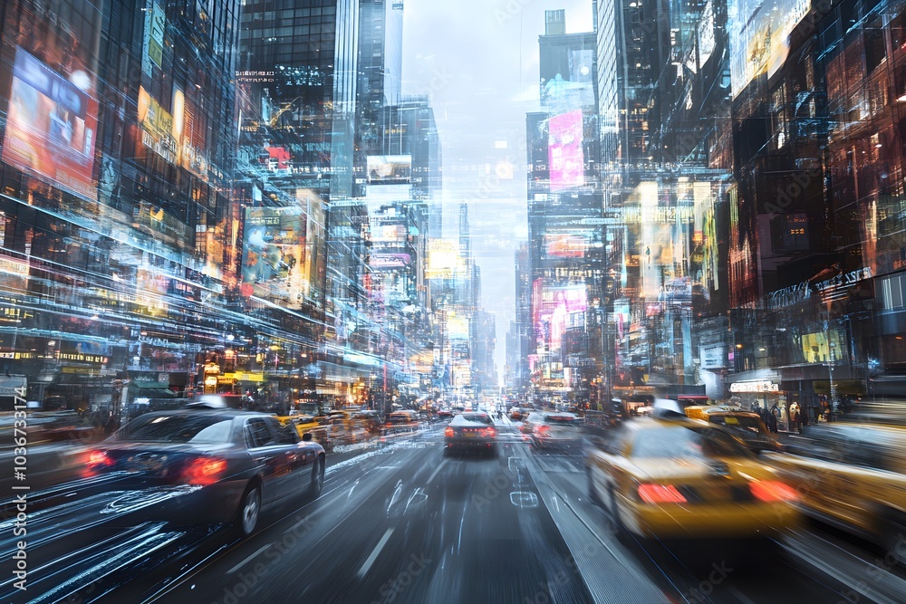 A City Street With Motion Blur and Overlapping Images of Buildings and Signage A City Street With Motion Blur and Overlapping Images of Buildings and Signage